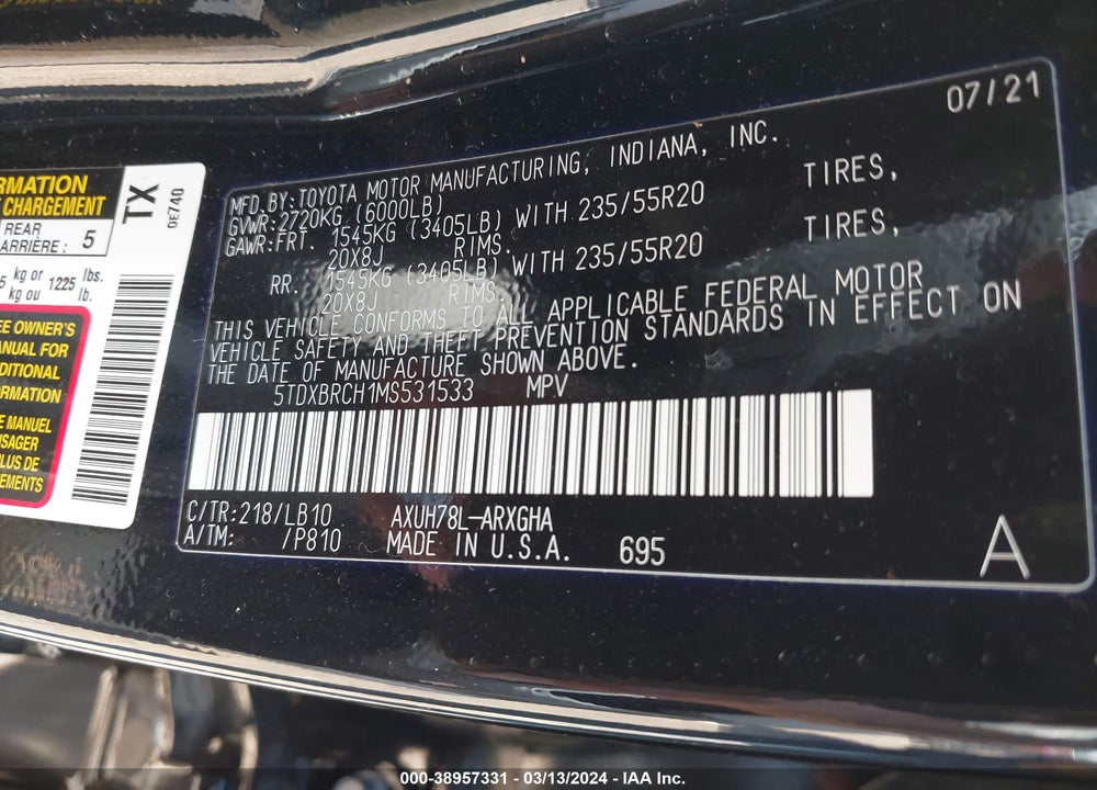 2021 TOYOTA HIGHLANDER HYBRID LIMITED VIN: 5TDXBRCH1MS531533
