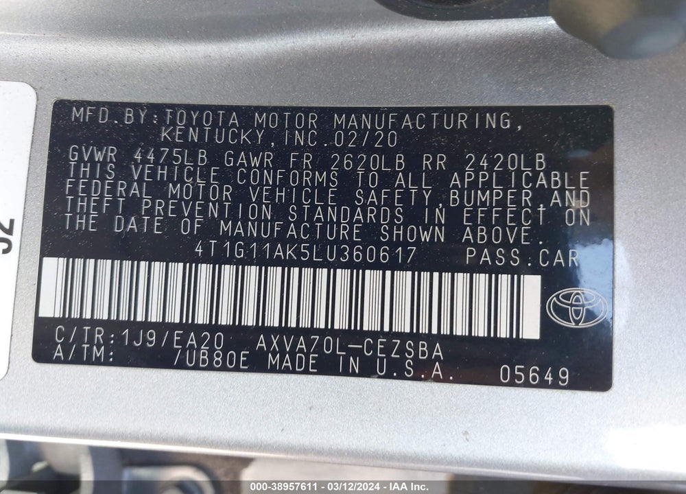 2020 TOYOTA CAMRY SE VIN: 4T1G11AK5LU360617