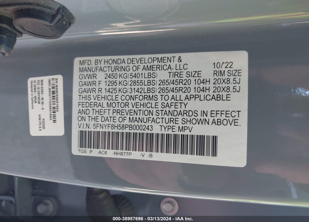 2023 HONDA PASSPORT AWD EX-L VIN: 5FNYF8H58PB000243