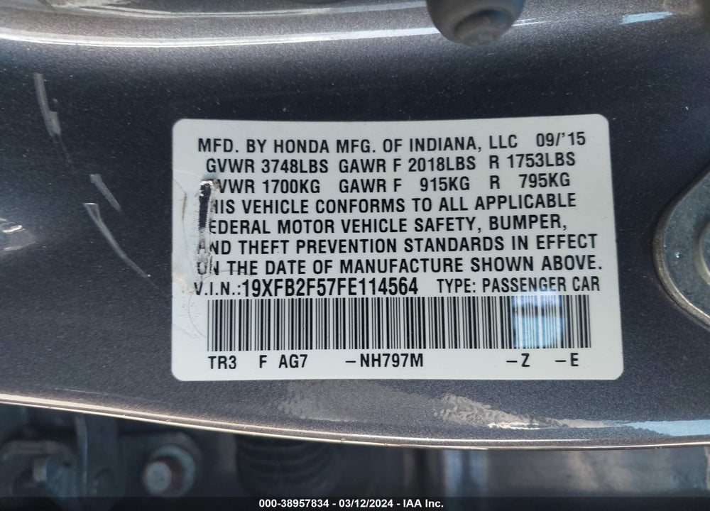 2015 HONDA CIVIC LX VIN: 19XFB2F57FE114564