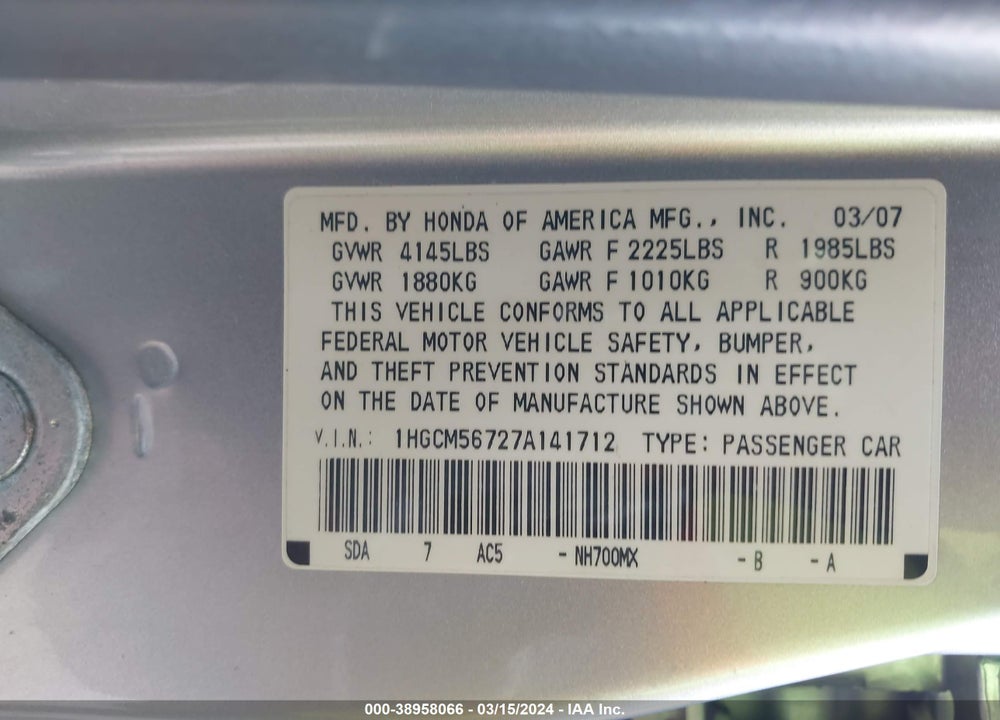 2007 HONDA ACCORD VIN: 1HGCM56727A141712