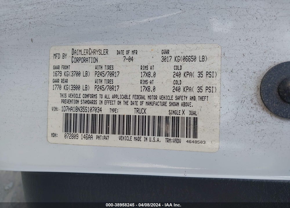 2005 DODGE RAM 1500 SLT/LARAMIE VIN: 1D7HA18N35S107034