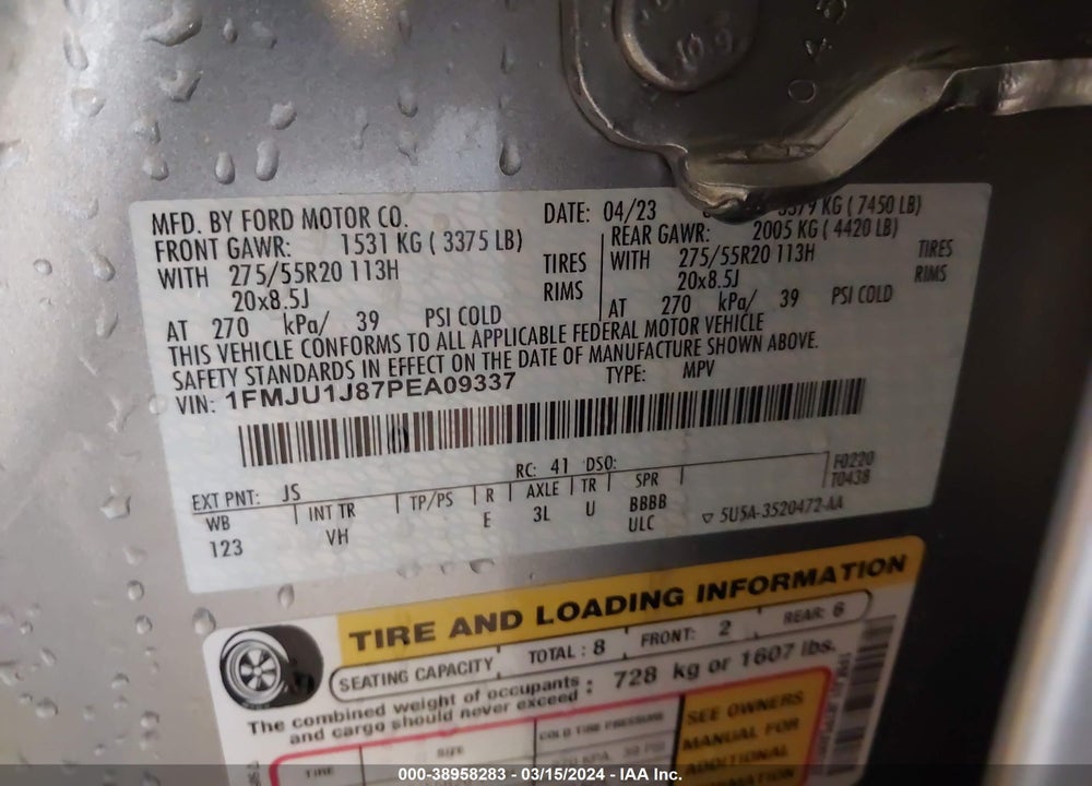 2023 FORD EXPEDITION XLT VIN: 1FMJU1J87PEA09337