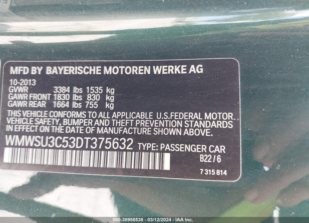 2013 MINI HARDTOP COOPER VIN: WMWSU3C53DT375632