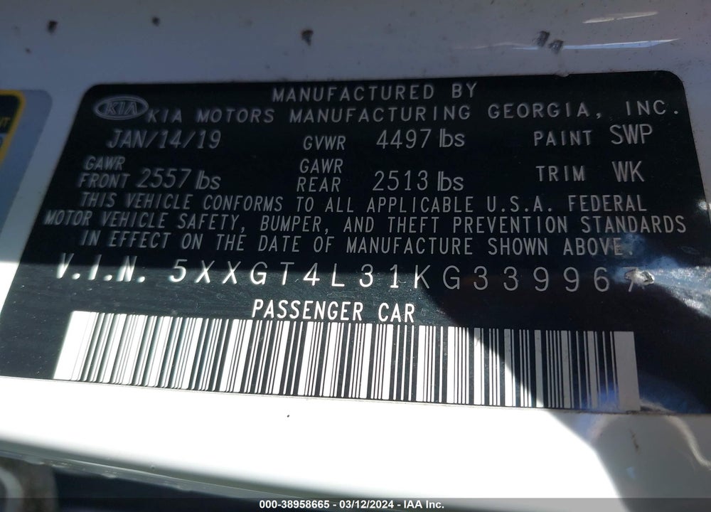 2019 KIA OPTIMA LX VIN: 5XXGT4L31KG339967