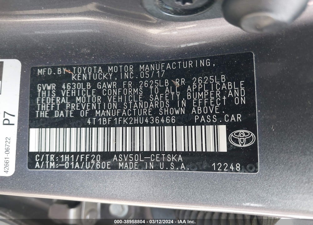 2017 TOYOTA CAMRY SE VIN: 4T1BF1FK2HU436466