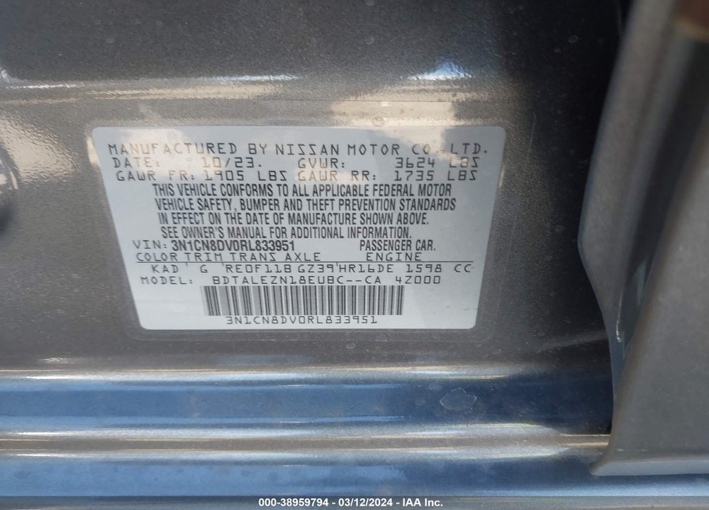 2024 NISSAN VERSA 1.6 S+ VIN: 3N1CN8DV0RL833951