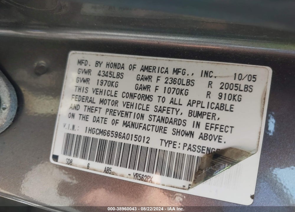 2006 HONDA ACCORD 3.0 EX VIN: 1HGCM66596A015012