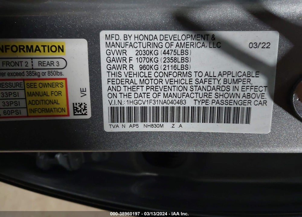 2022 HONDA ACCORD SPORT VIN: 1HGCV1F31NA040483