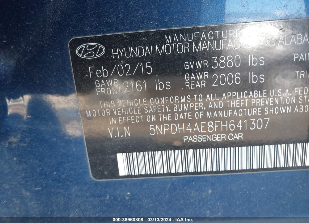 2015 HYUNDAI ELANTRA VIN: 5NPDH4AE8FH641307
