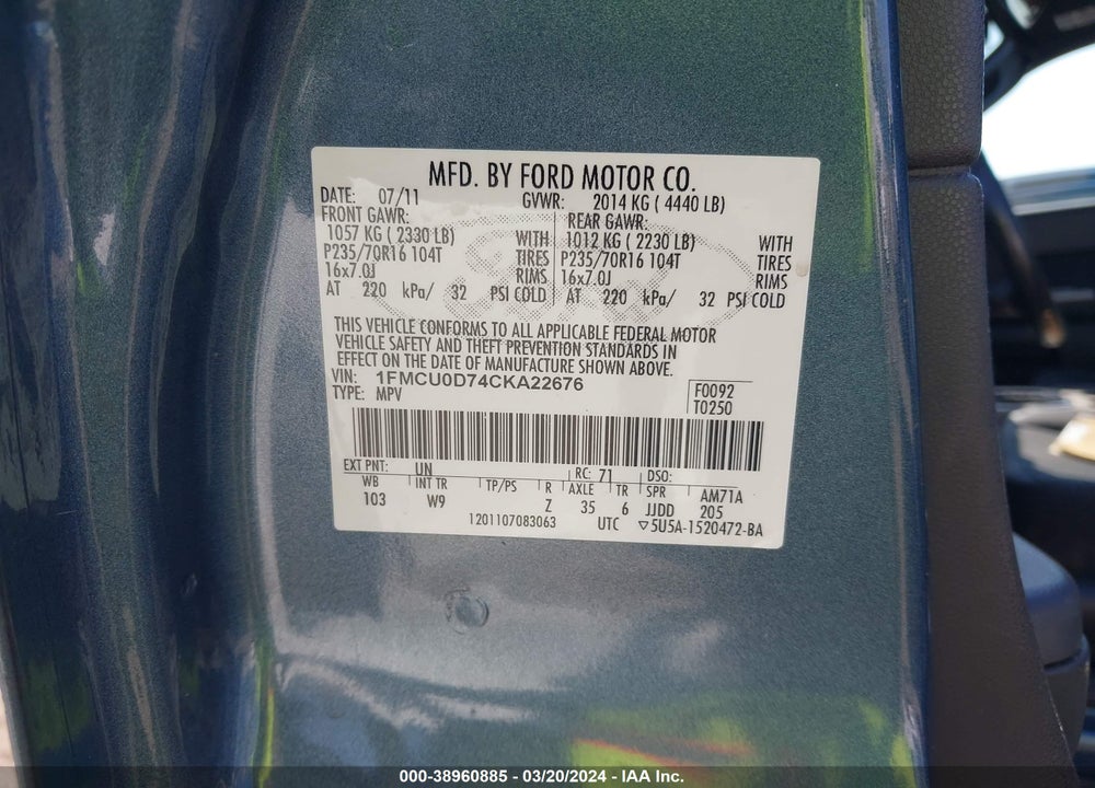 2012 FORD ESCAPE XLT VIN: 1FMCU0D74CKA22676