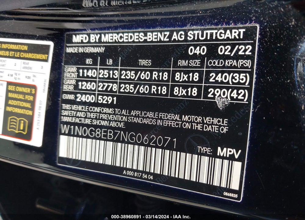 2022 MERCEDES-BENZ GLC 300 4MATIC SUV VIN: W1N0G8EB7NG062071