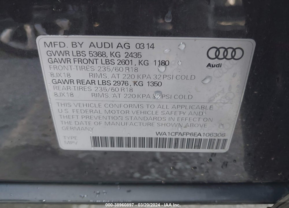 2014 AUDI Q5 2.0T PREMIUM VIN: WA1CFAFP6EA106308