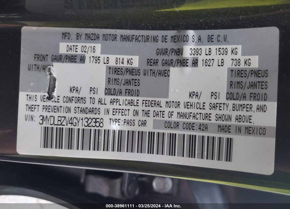 2016 SCION IA VIN: 3MYDLBZV4GY132358