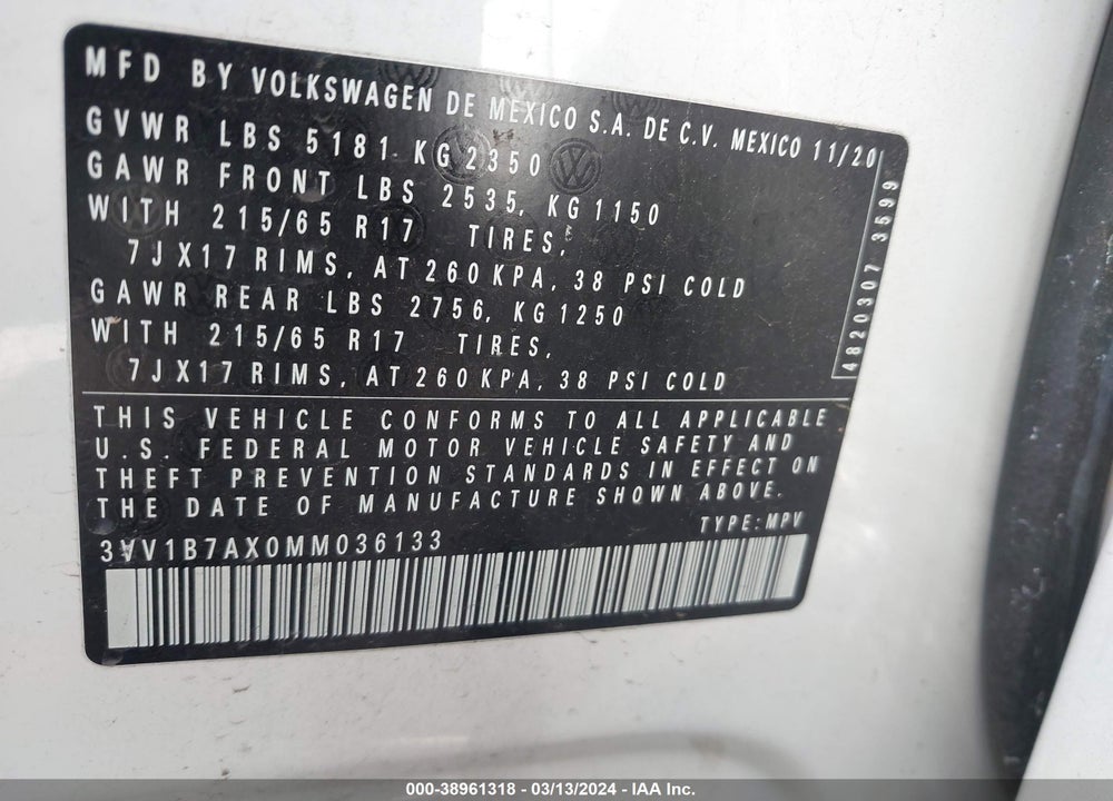 2021 VOLKSWAGEN TIGUAN 2.0T S VIN: 3VV1B7AX0MM036133