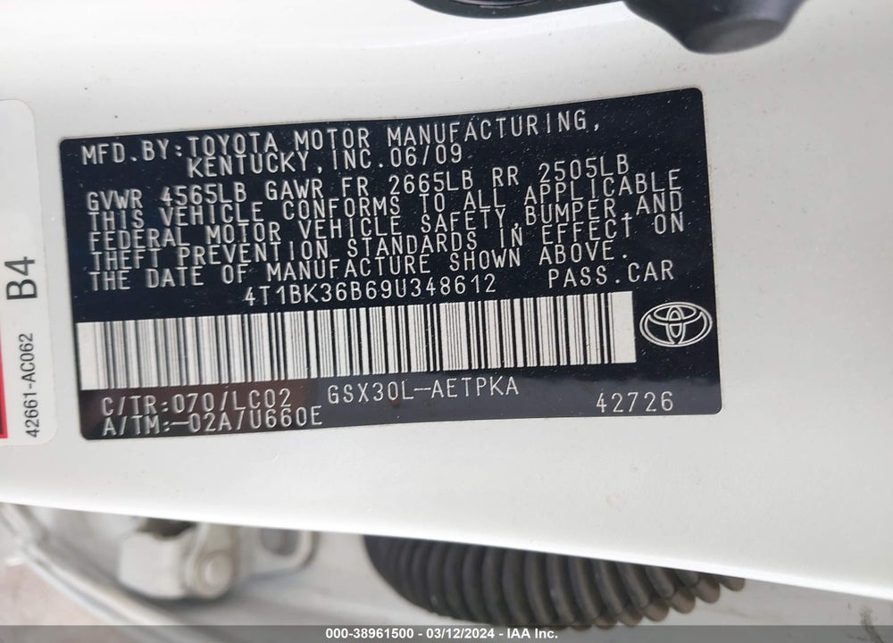 2009 TOYOTA AVALON VIN: 4T1BK36B69U348612