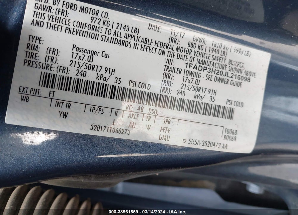 2018 FORD FOCUS SEL VIN: 1FADP3H20JL216098
