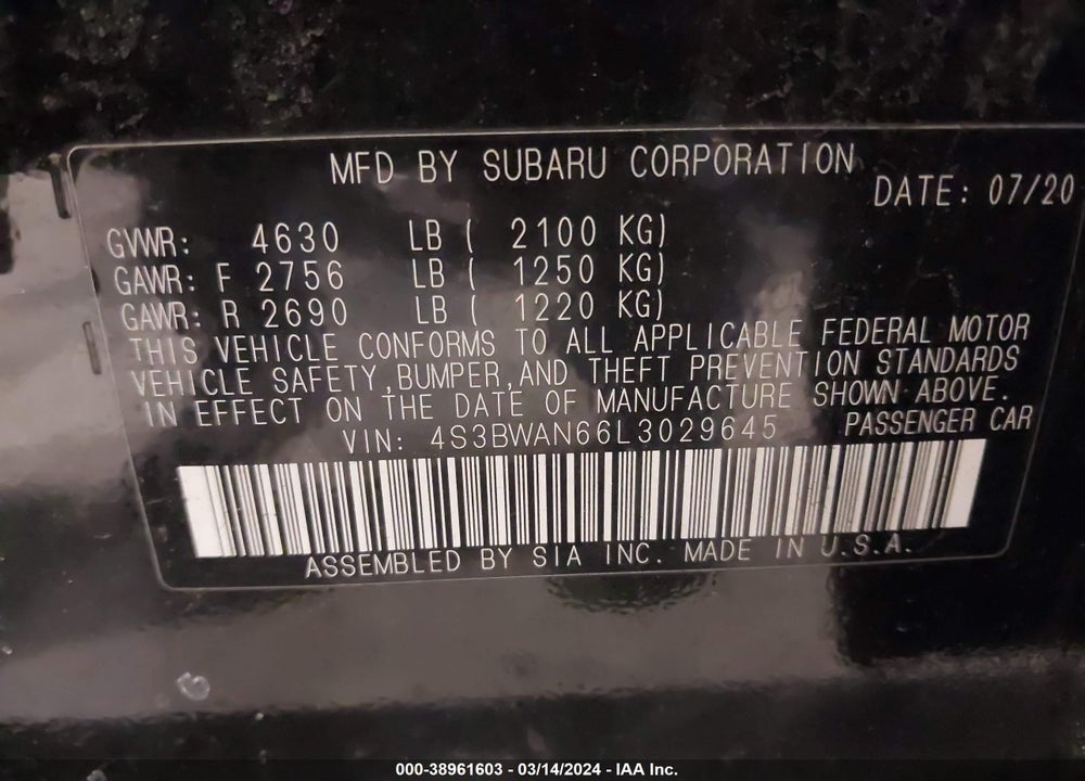 2020 SUBARU LEGACY LIMITED VIN: 4S3BWAN66L3029645