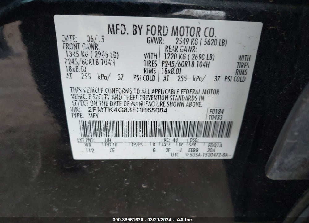 2015 FORD EDGE SE VIN: 2FMTK4G83FBB65084