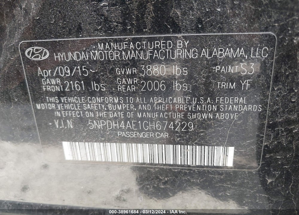 2016 HYUNDAI ELANTRA VALUE EDITION VIN: 5NPDH4AE1GH674229