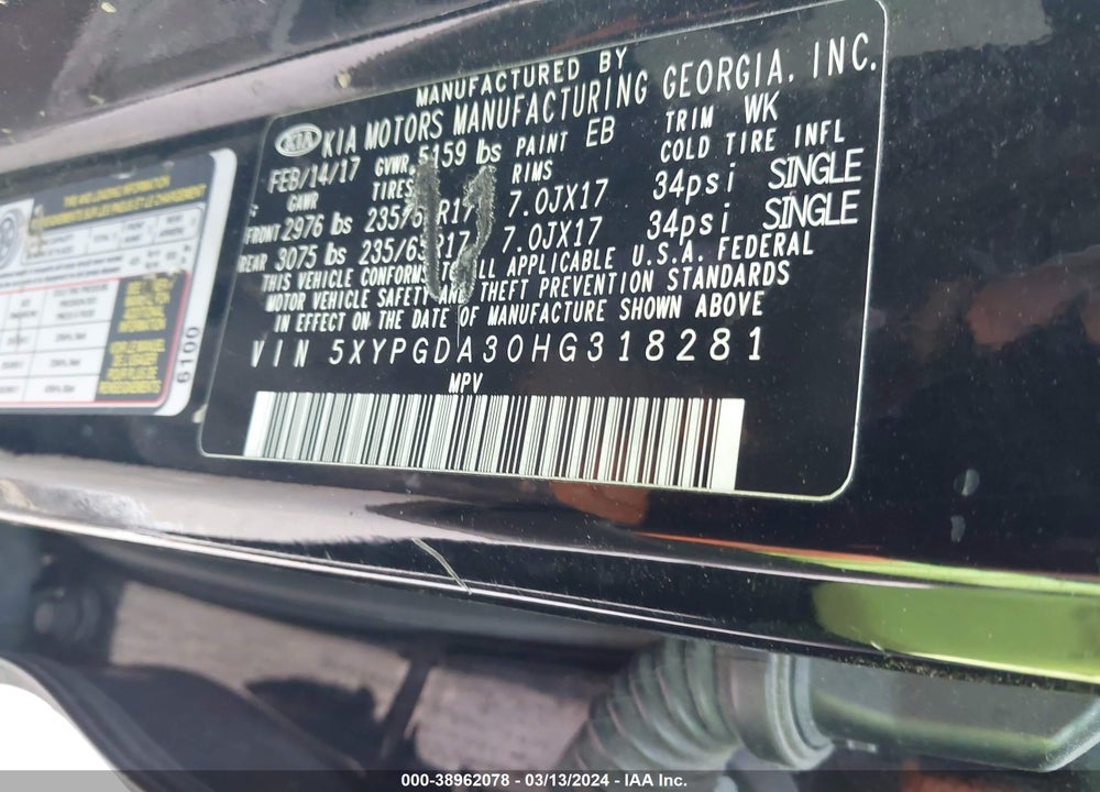 2017 KIA SORENTO 2.4L LX VIN: 5XYPGDA30HG318281