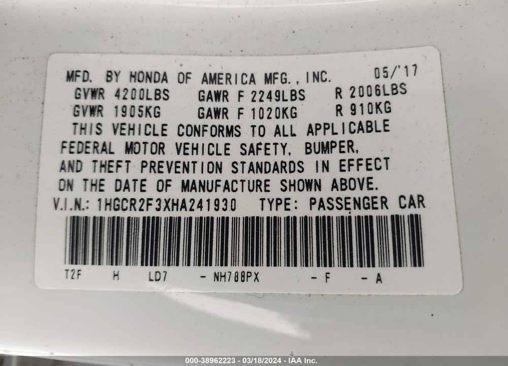 2017 HONDA ACCORD LX VIN: 1HGCR2F3XHA241930