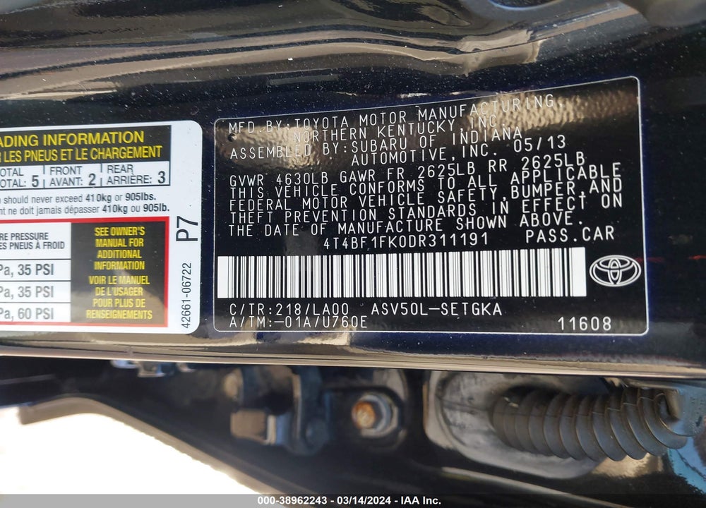 2013 TOYOTA CAMRY XLE VIN: 4T4BF1FK0DR311191