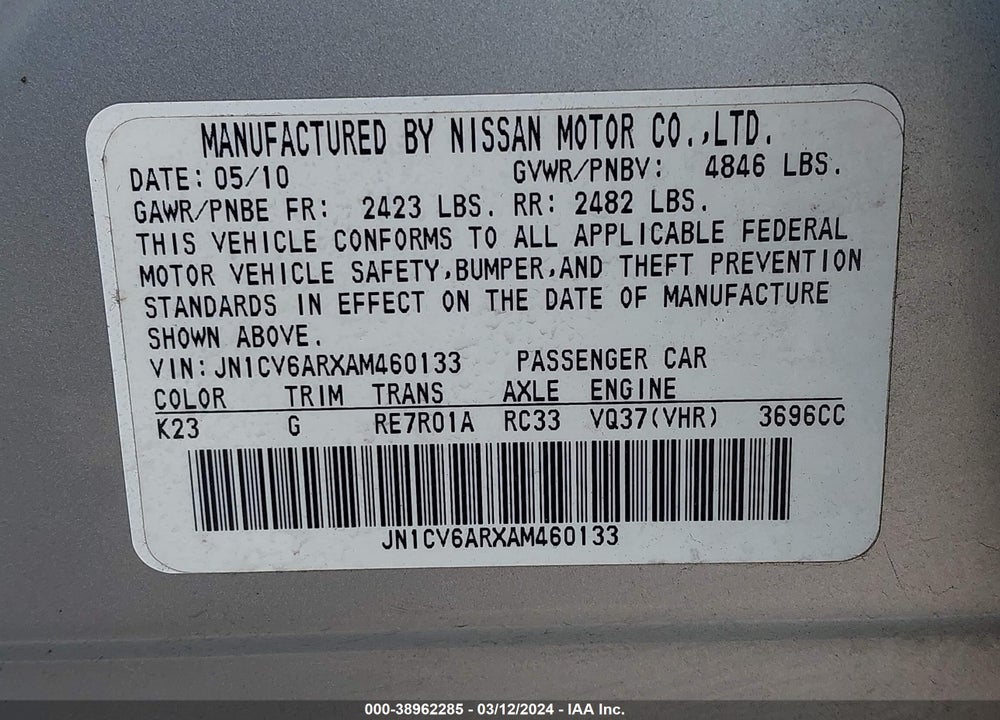 2010 INFINITI G37X VIN: JN1CV6ARXAM460133