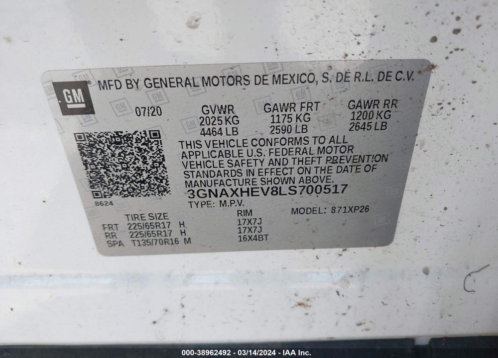2020 CHEVROLET EQUINOX FWD LS VIN: 3GNAXHEV8LS700517