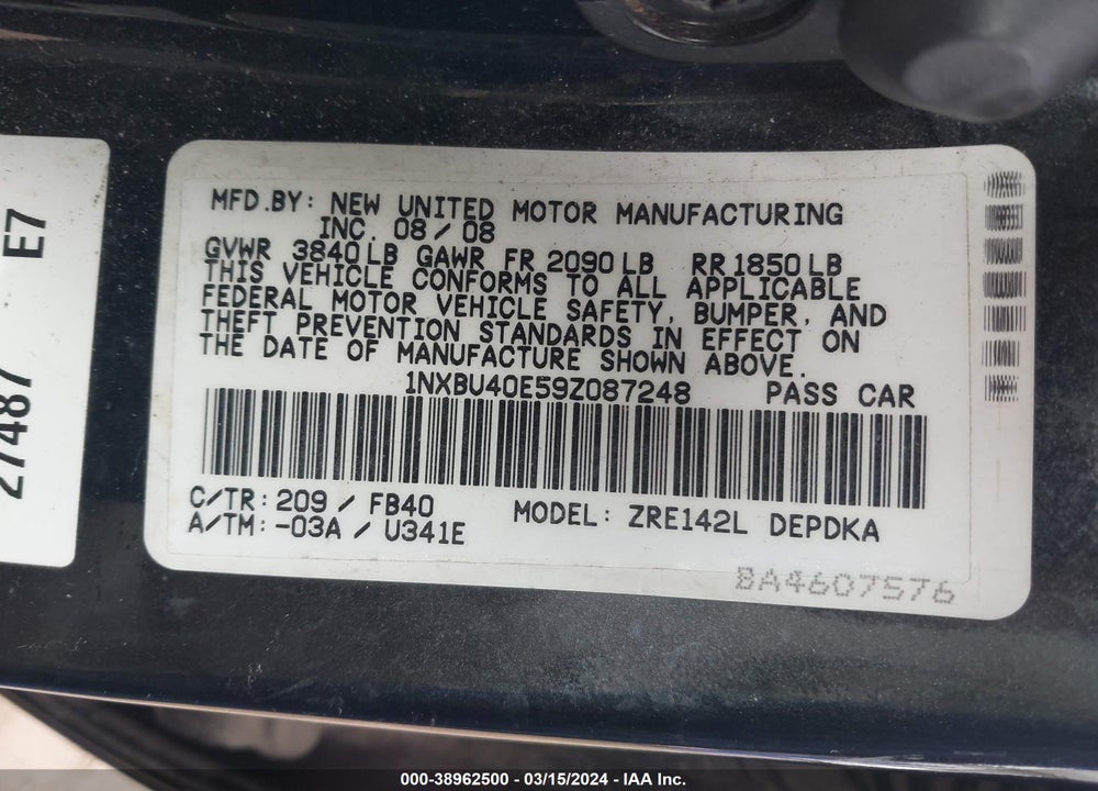 2009 TOYOTA COROLLA LE VIN: 1NXBU40E59Z087248