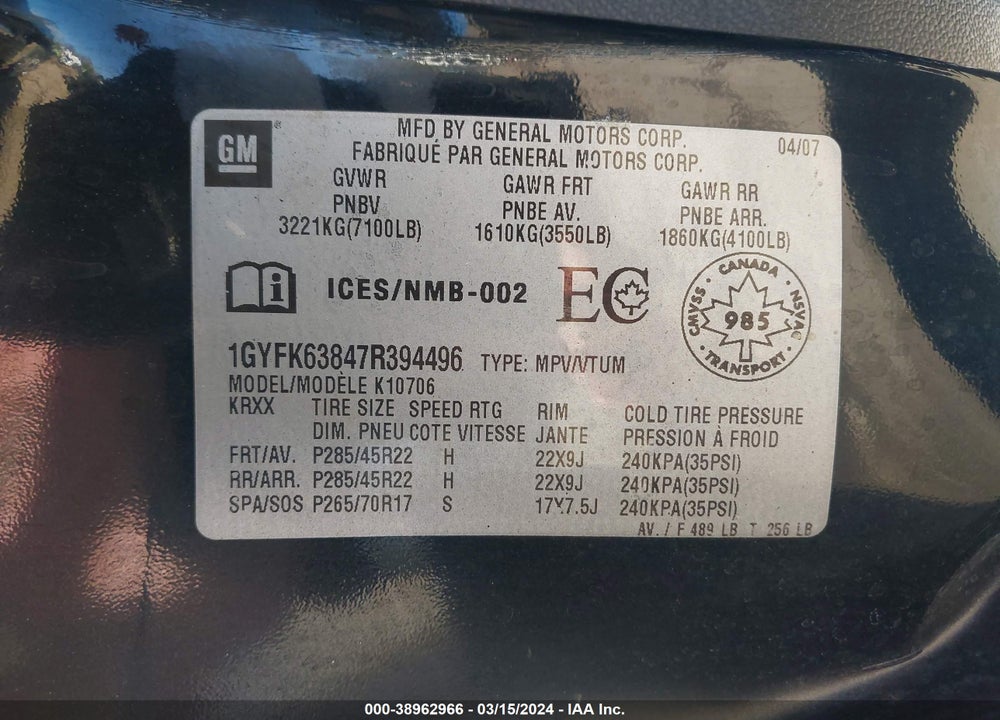2007 CADILLAC ESCALADE STANDARD VIN: 1GYFK63847R394496