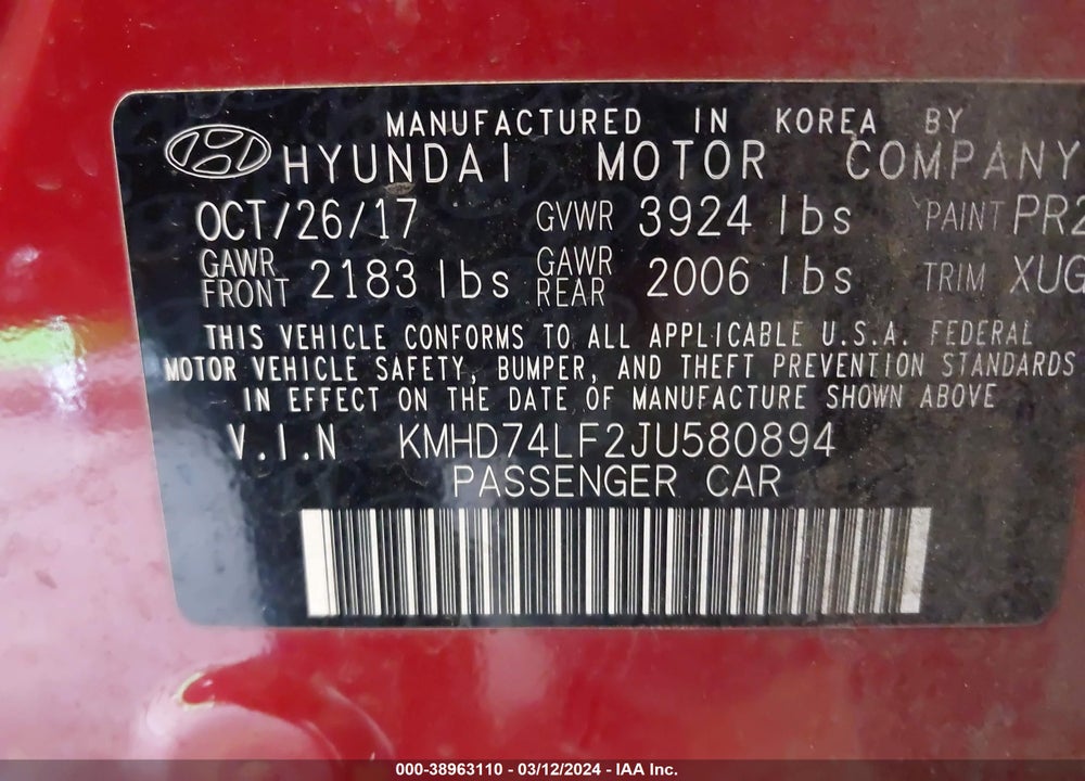 2018 HYUNDAI ELANTRA SE VIN: KMHD74LF2JU580894