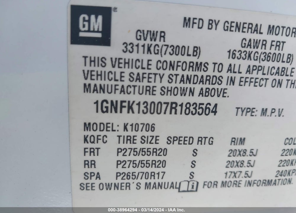 2007 CHEVROLET TAHOE LTZ VIN: 1GNFK13007R183564