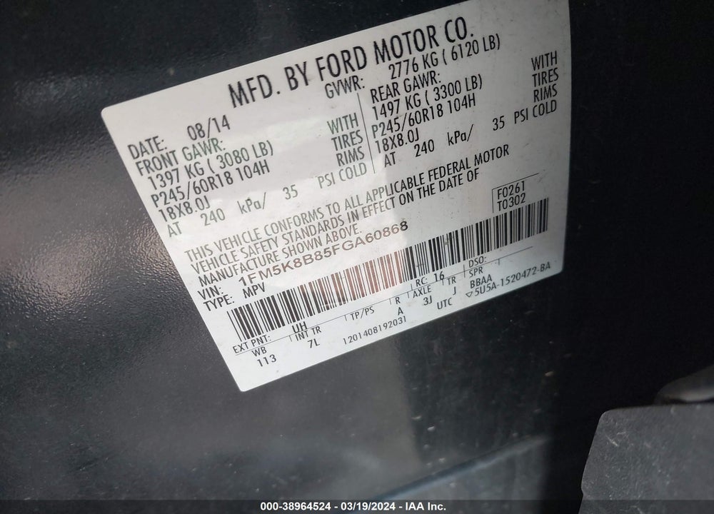 2015 FORD EXPLORER VIN: 1FM5K8B85FGA60868