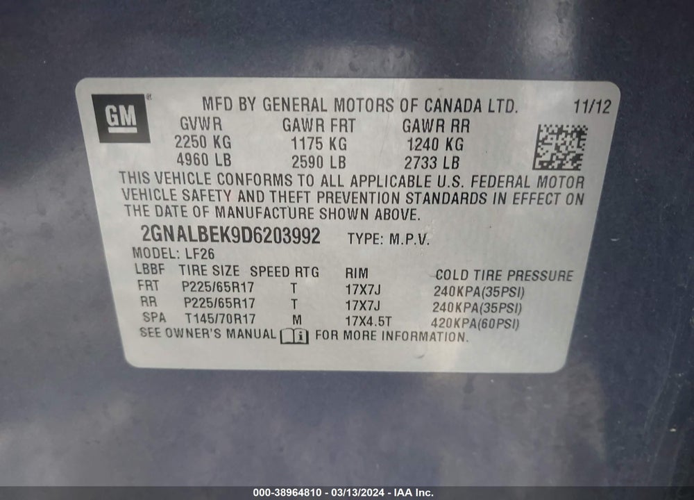 2013 CHEVROLET EQUINOX LS VIN: 2GNALBEK9D6203992