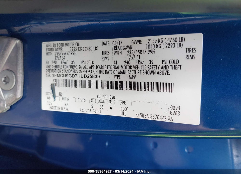 2017 FORD ESCAPE SE VIN: 1FMCU9GD7HUD25839