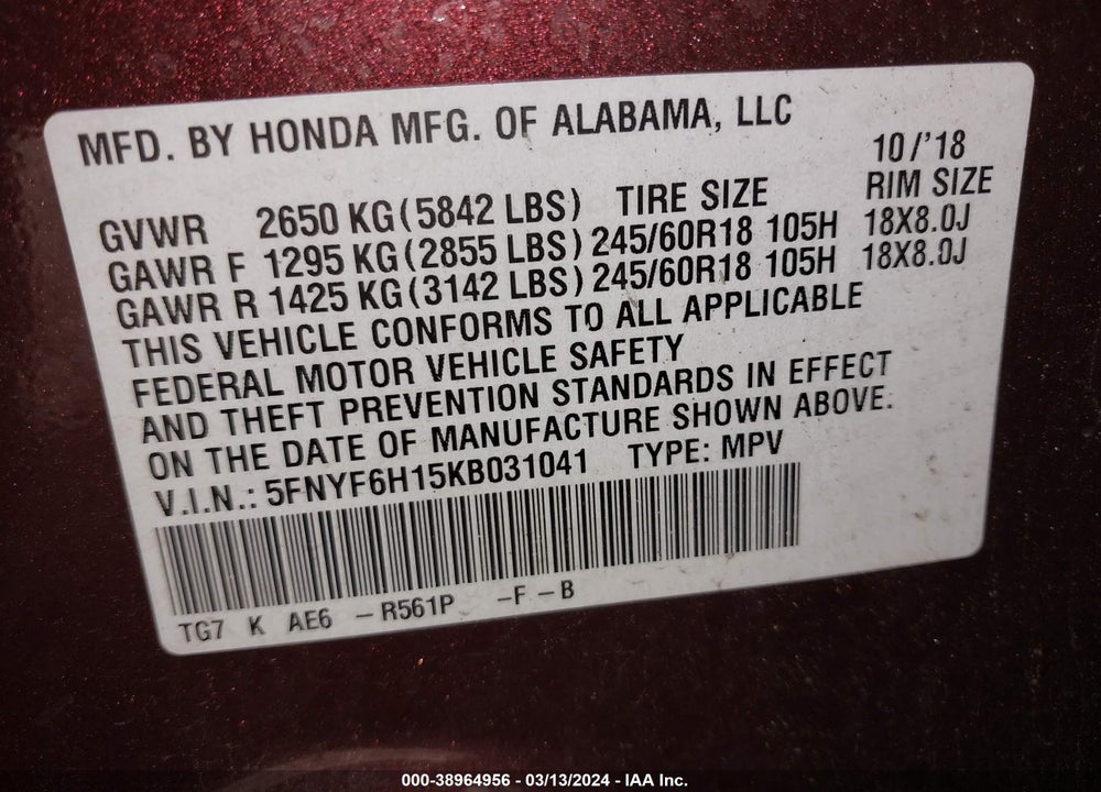 2019 HONDA PILOT LX VIN: 5FNYF6H15KB031041
