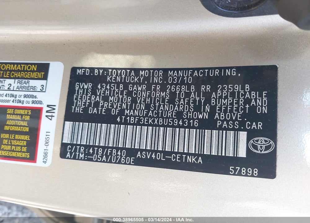 2011 TOYOTA CAMRY LE/SE/XLE VIN: 4T1BF3EKXBU594316