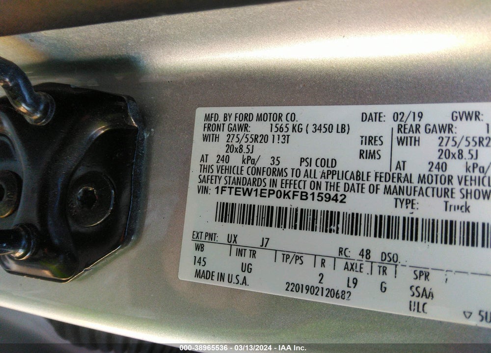 2019 FORD F-150 XLT VIN: 1FTEW1EP0KFB15942