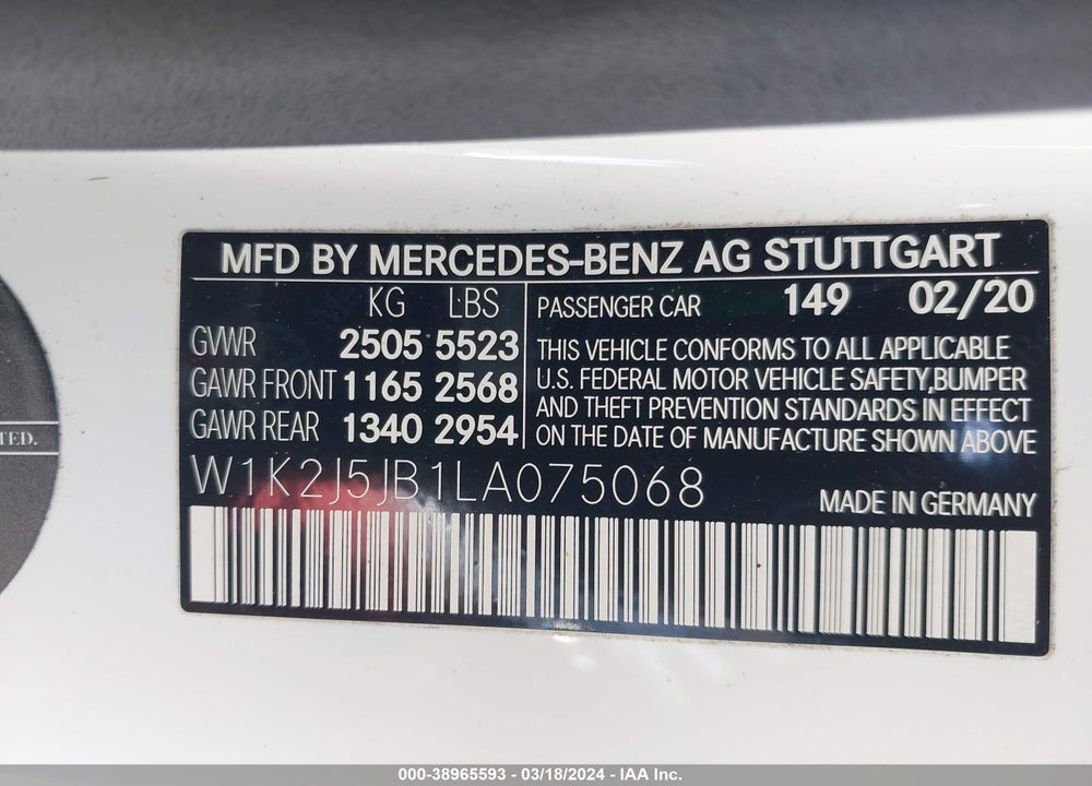 2020 MERCEDES-BENZ CLS 450 VIN: W1K2J5JB1LA075068