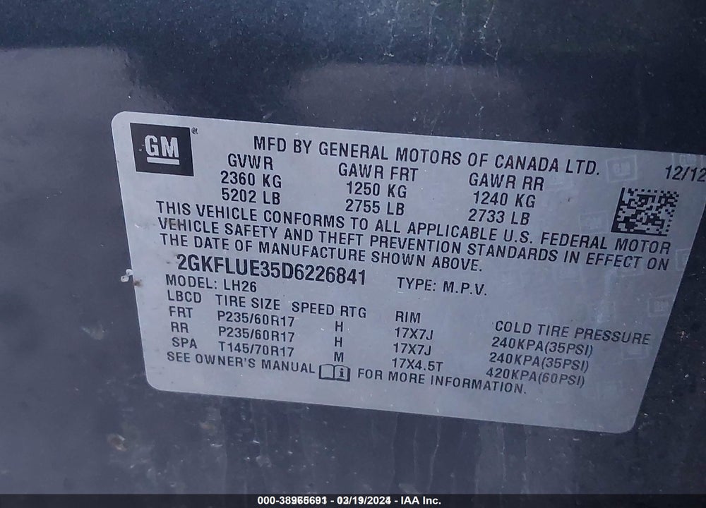 2013 GMC TERRAIN SLT VIN: 2GKFLUE35D6226841