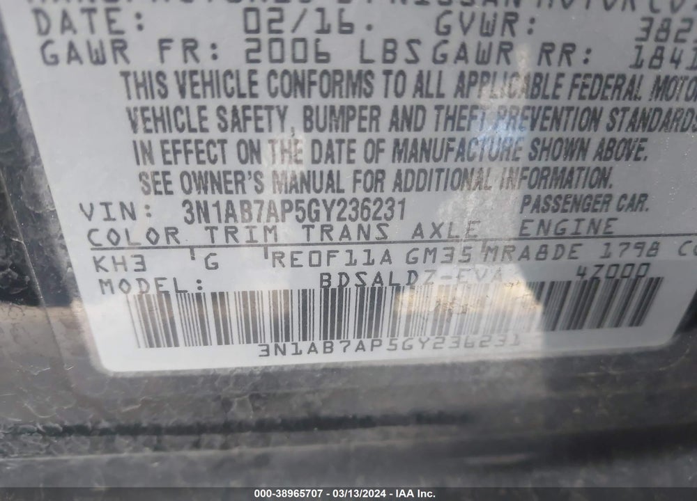 2016 NISSAN SENTRA SV VIN: 3N1AB7AP5GY236231