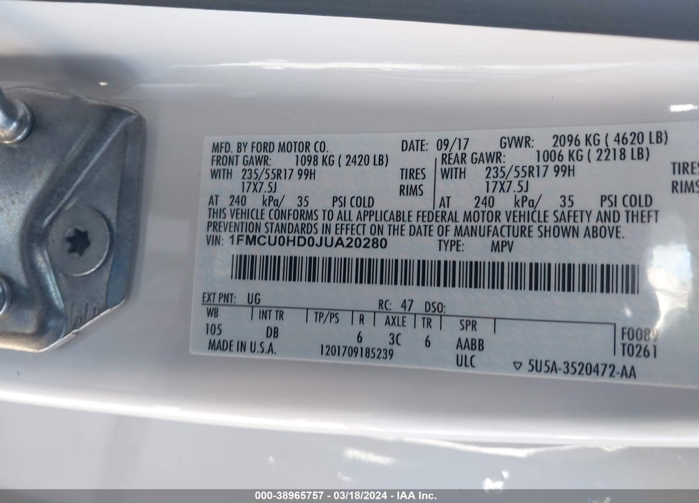 2018 FORD ESCAPE SEL VIN: 1FMCU0HD0JUA20280