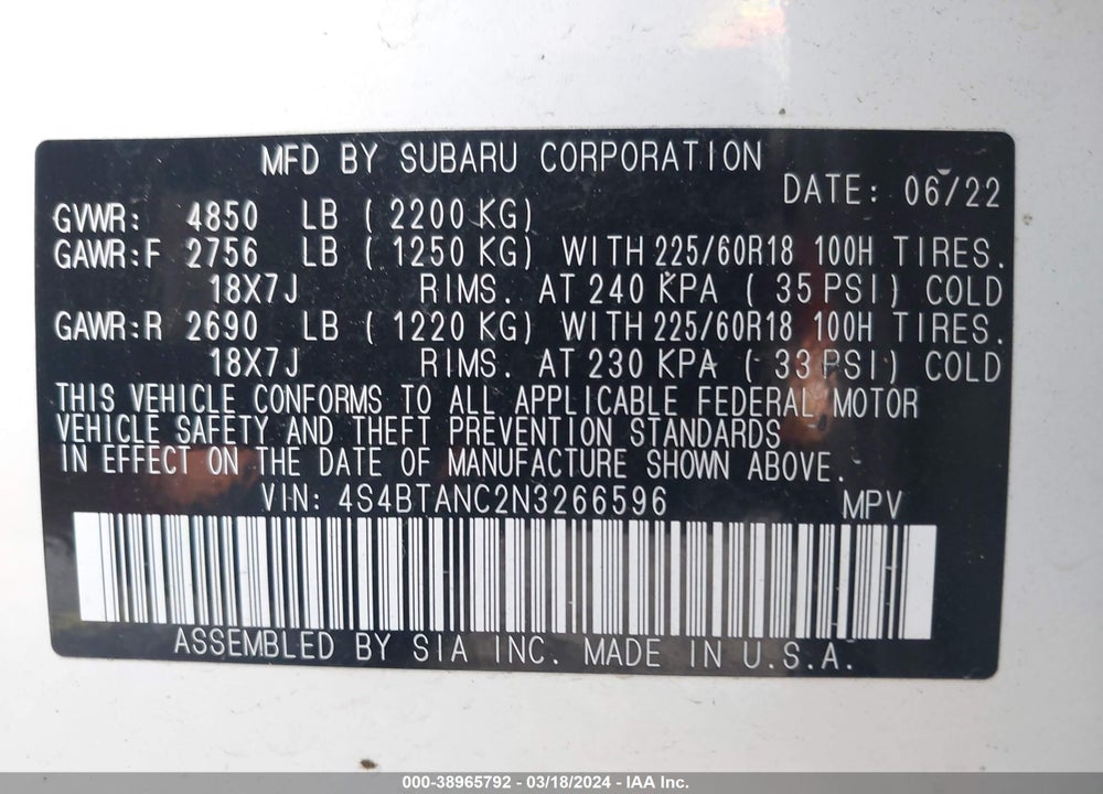 2022 SUBARU OUTBACK LIMITED VIN: 4S4BTANC2N3266596