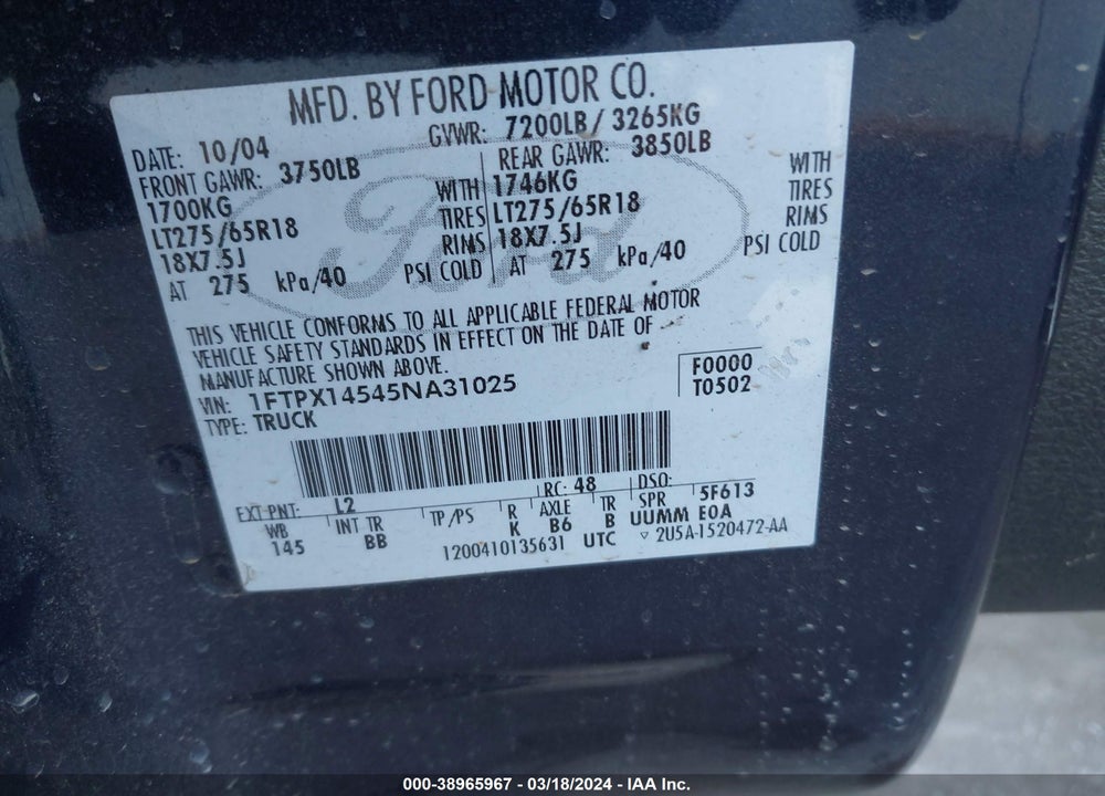 2005 FORD F-150 FX4/LARIAT/XL/XLT VIN: 1FTPX14545NA31025