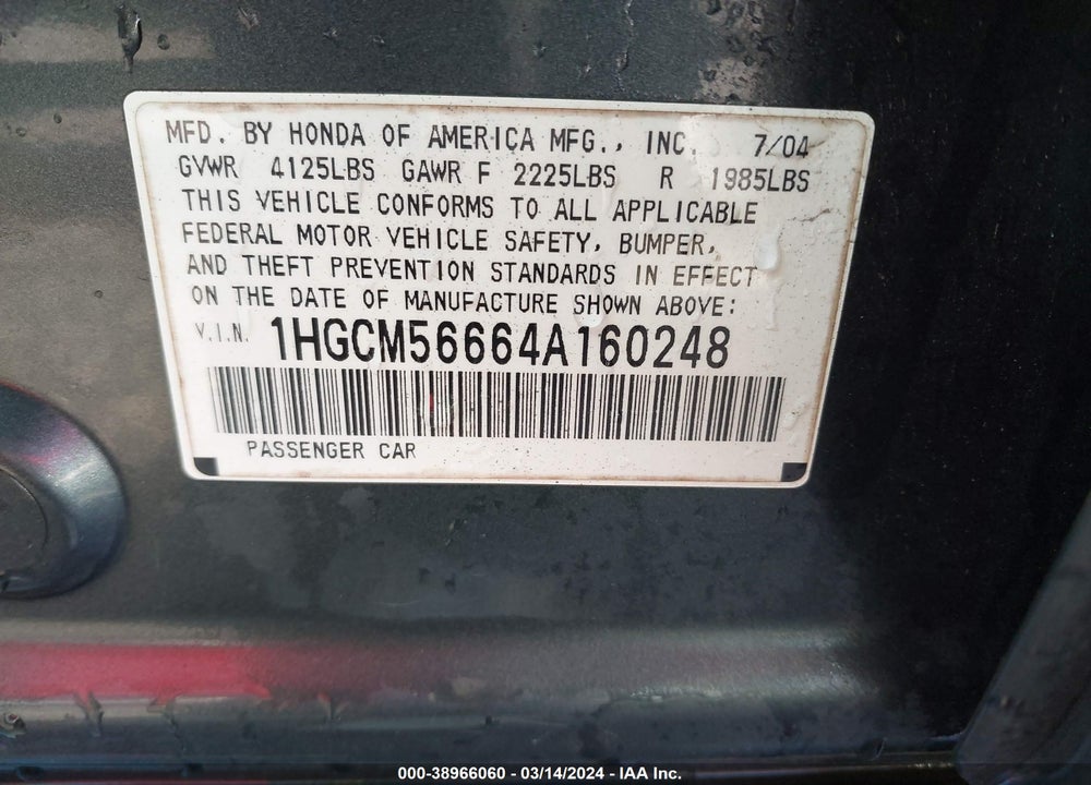 2004 HONDA ACCORD 2.4 EX VIN: 1HGCM56664A160248