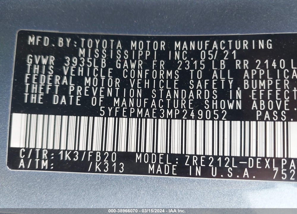 2021 TOYOTA COROLLA LE VIN: 5YFEPMAE3MP249052