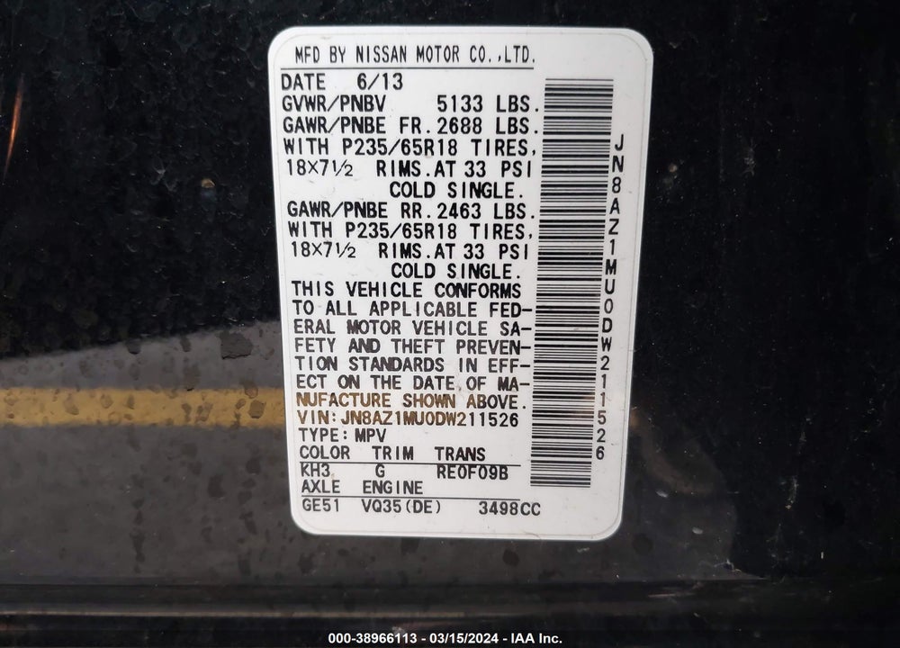 2013 NISSAN MURANO S VIN: JN8AZ1MU0DW211526