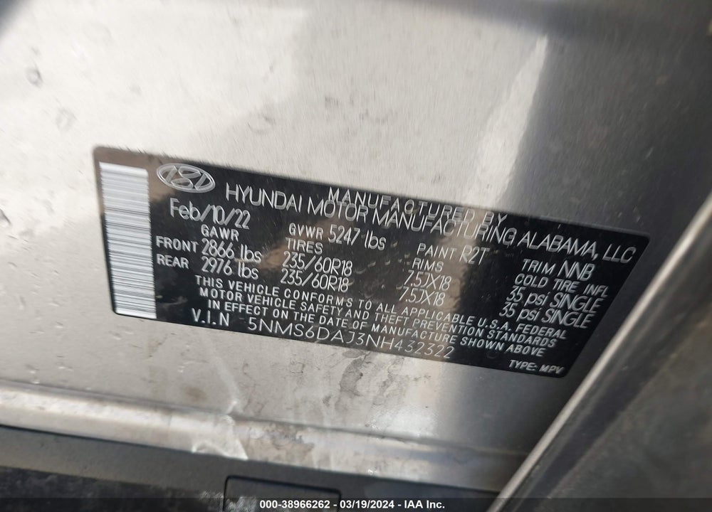 2022 HYUNDAI SANTA FE VIN: 5NMS6DAJ3NH432322