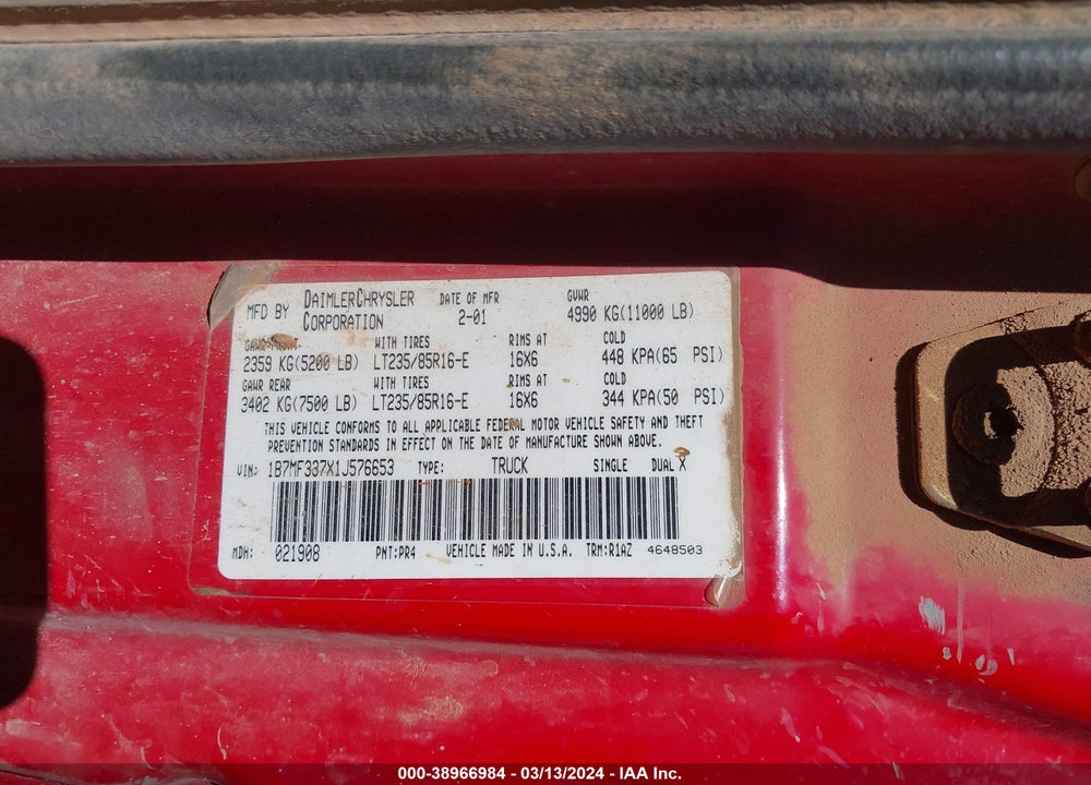 2001 DODGE RAM 3500 ST VIN: 1B7MF337X1J576653
